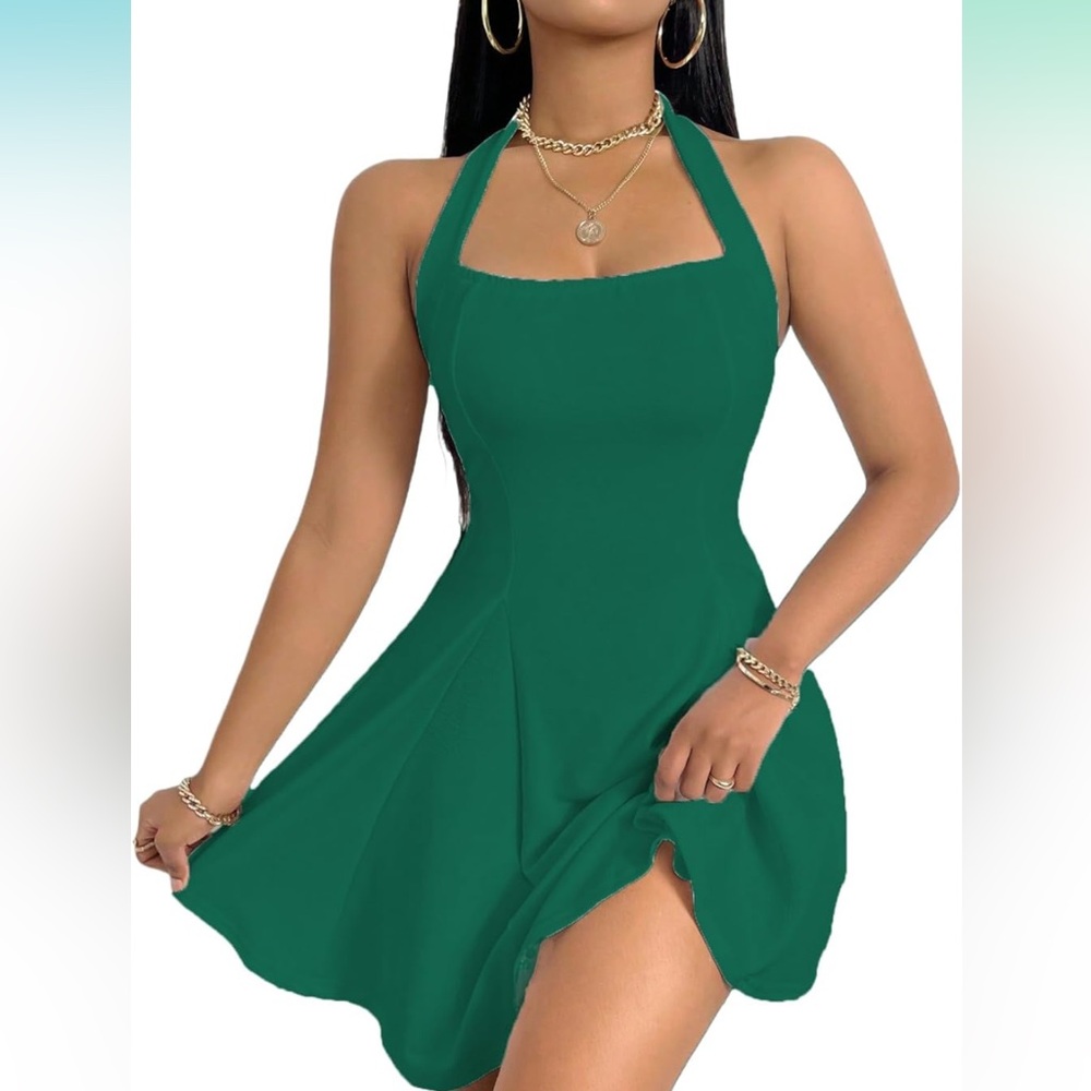 Green Sleeveless Halter Mini Sundress